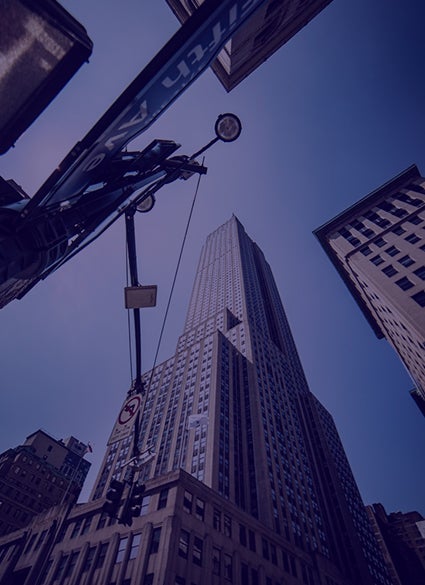 A reflected shot of tall buildings.