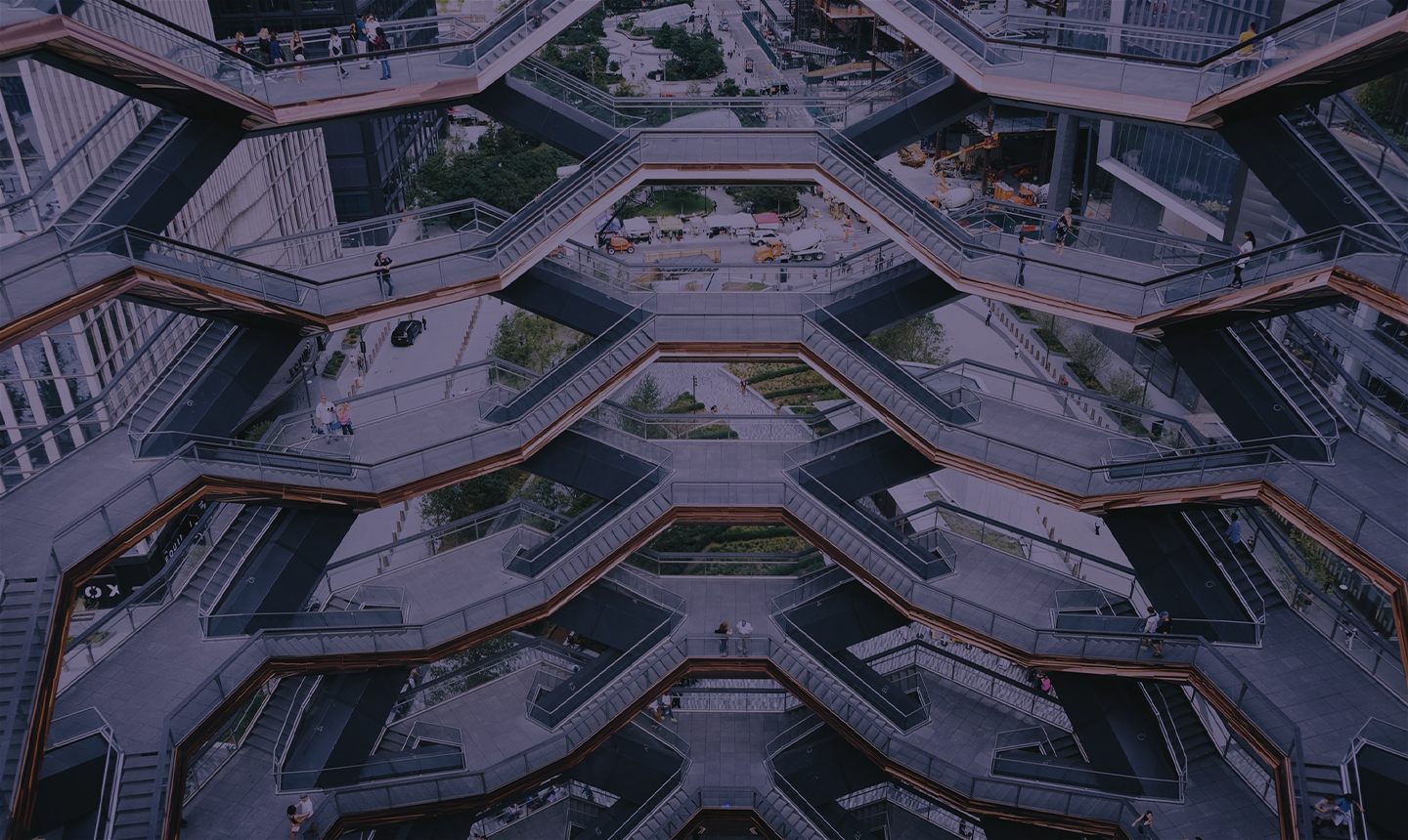 Stairs of a complex indoor building.