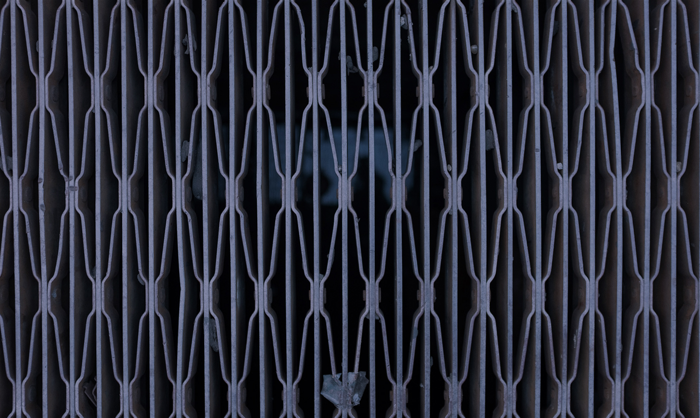 A styled iron gate with a lock.