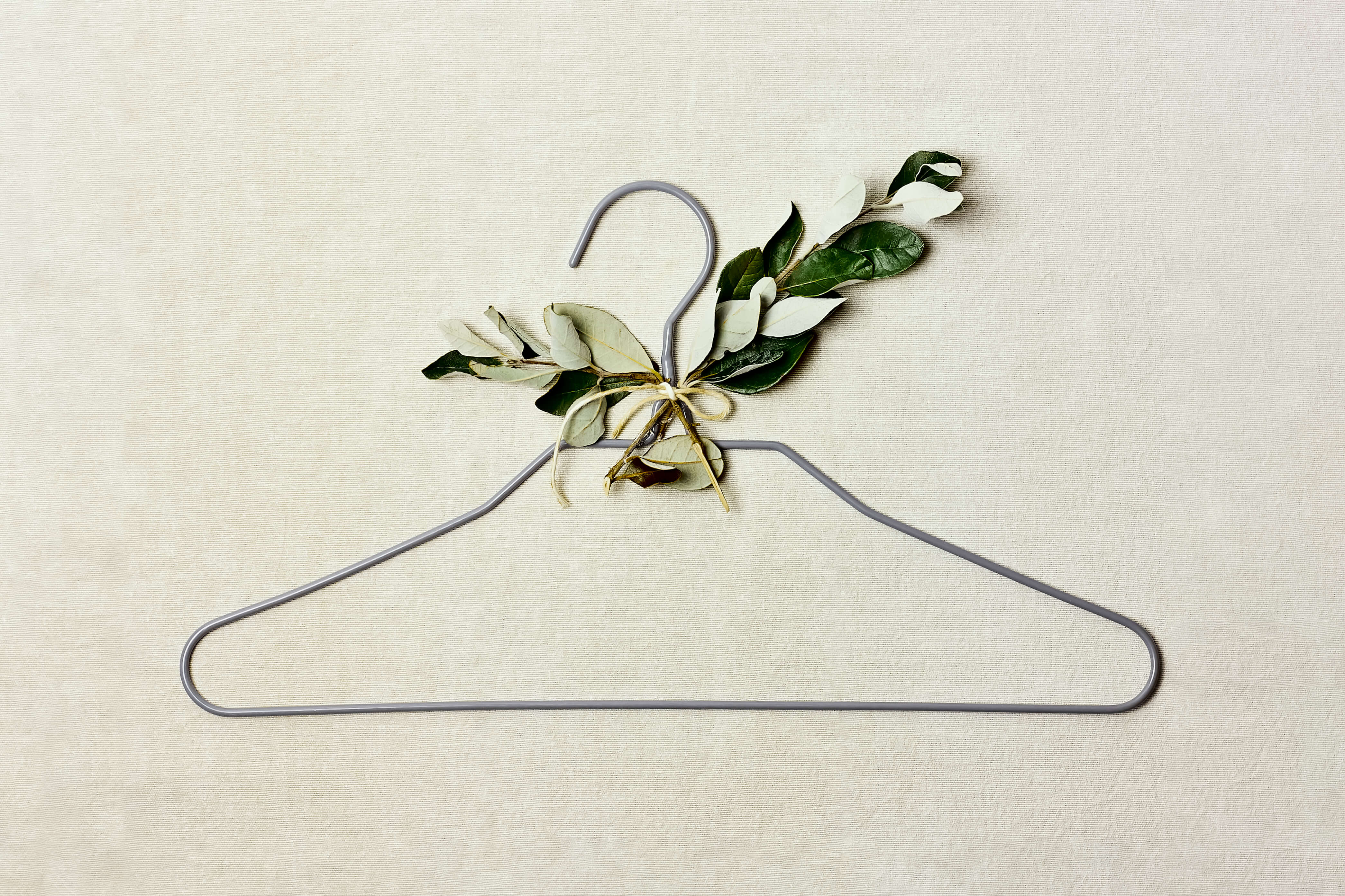 thin gray clothing hanger with leaves attached to it on beige background