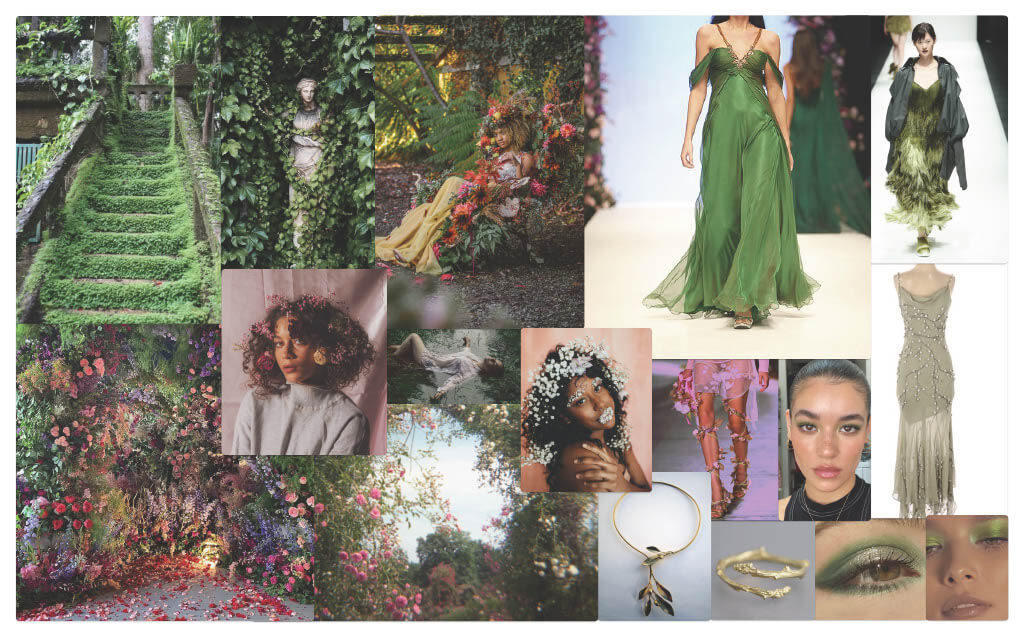 A mood board featuring greenery and floral landscapes, garments, makeup, and accessories
