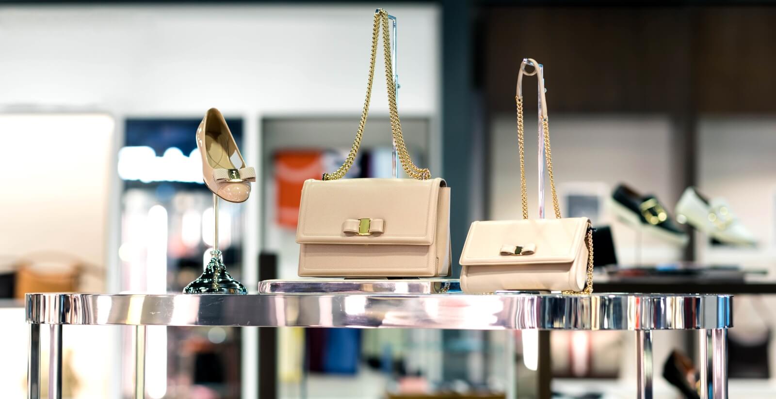 shoe and handbag display in attractive retail environment