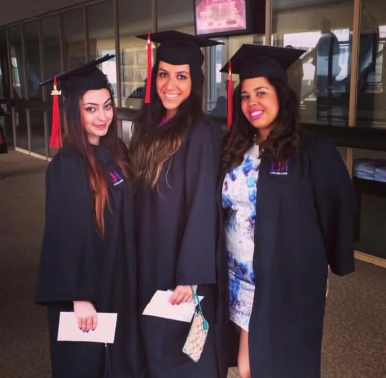 three women side by side posing in graduation cap and gown attire