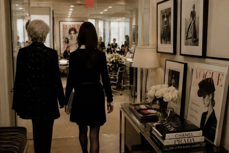 two women dressed in dark, fashionable clothes walk through fashion magazine office