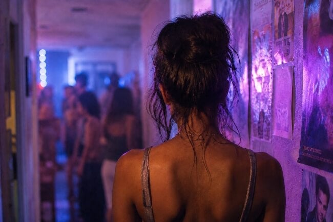 young woman shown from behind, blue lit hallway, messy dark hair up, strappy top