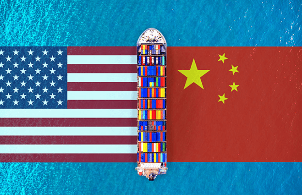 artistic design of U.S. and China flags, cargo ship between
