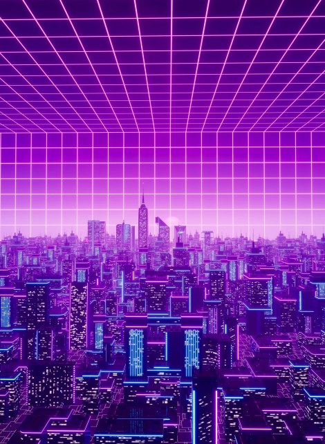 A computer-generated image of a cityscape along a purple grid