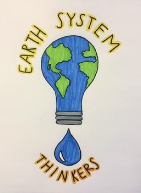 An image of a lightbulb with continents and oceans. A water droplet is underneath. It has the words Earth System Thinkers.