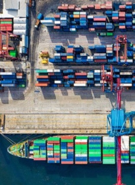shipping cargo from birds-eye view, lots of colorful containers