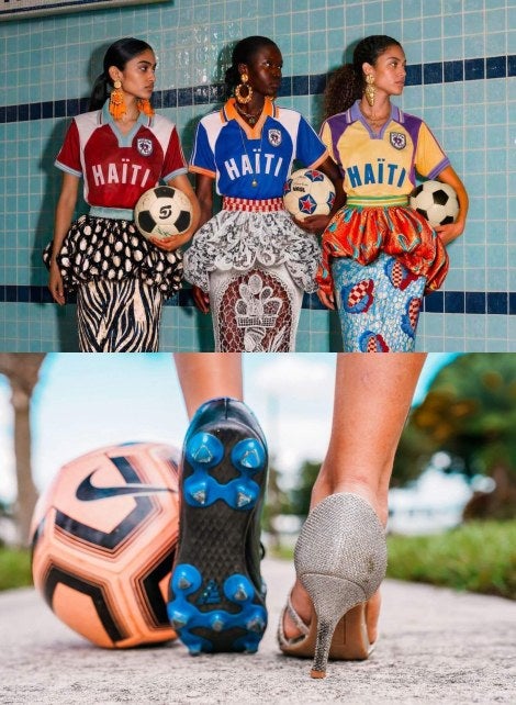 Top, three women wearing "Haiti" athleticwear, holding soccer balls; bottom, woman in one blue-cleated shoe and one high heel, kicking a ball. 