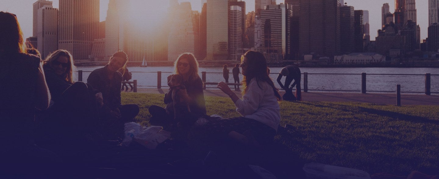 People gathered on a lawn in front of the city skyline.