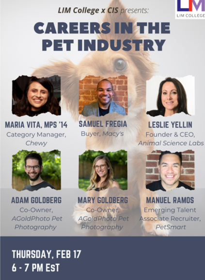 Careers in the pet industry event flyer, six speakers' headshots