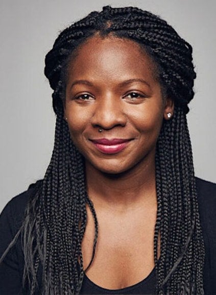 woman, long dark hair, black shirt, professional headshot