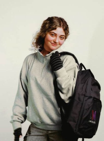 young woman, blond hair, LIM backpack, solid background