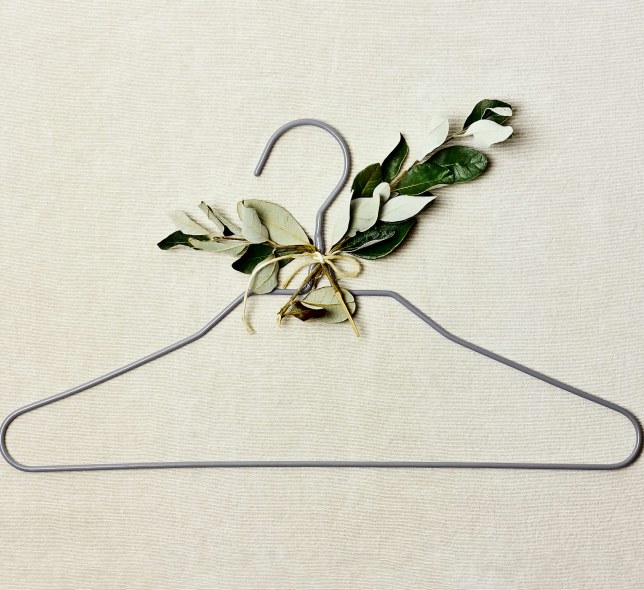 thin gray clothing hanger with leaves attached to it on beige background