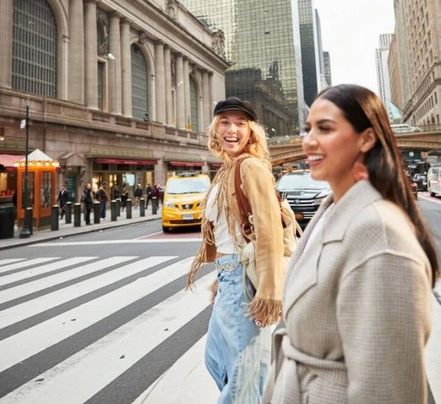 students crossing street midtown, Chrysler Building in background