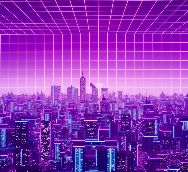 A computer-generated image of a cityscape along a purple grid