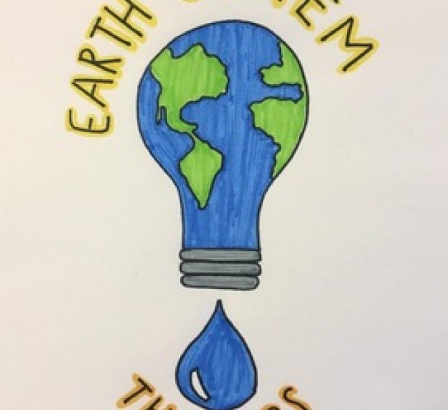 An image of a lightbulb with continents and oceans. A water droplet is underneath. It has the words Earth System Thinkers.