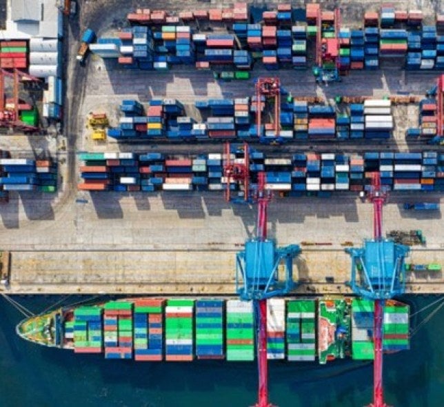 shipping cargo from birds-eye view, lots of colorful containers