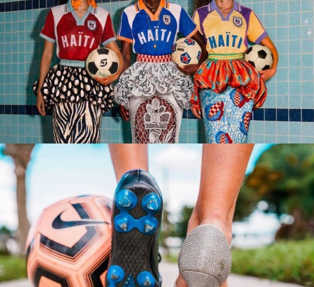 Top, three women wearing "Haiti" athleticwear, holding soccer balls; bottom, woman in one blue-cleated shoe and one high heel, kicking a ball. 