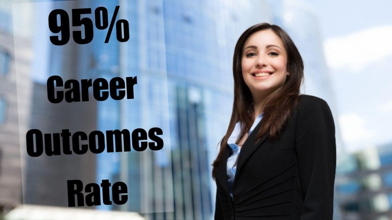 young woman, professionally dressed, city area - "95% Career Outcomes Rate" on-image text.