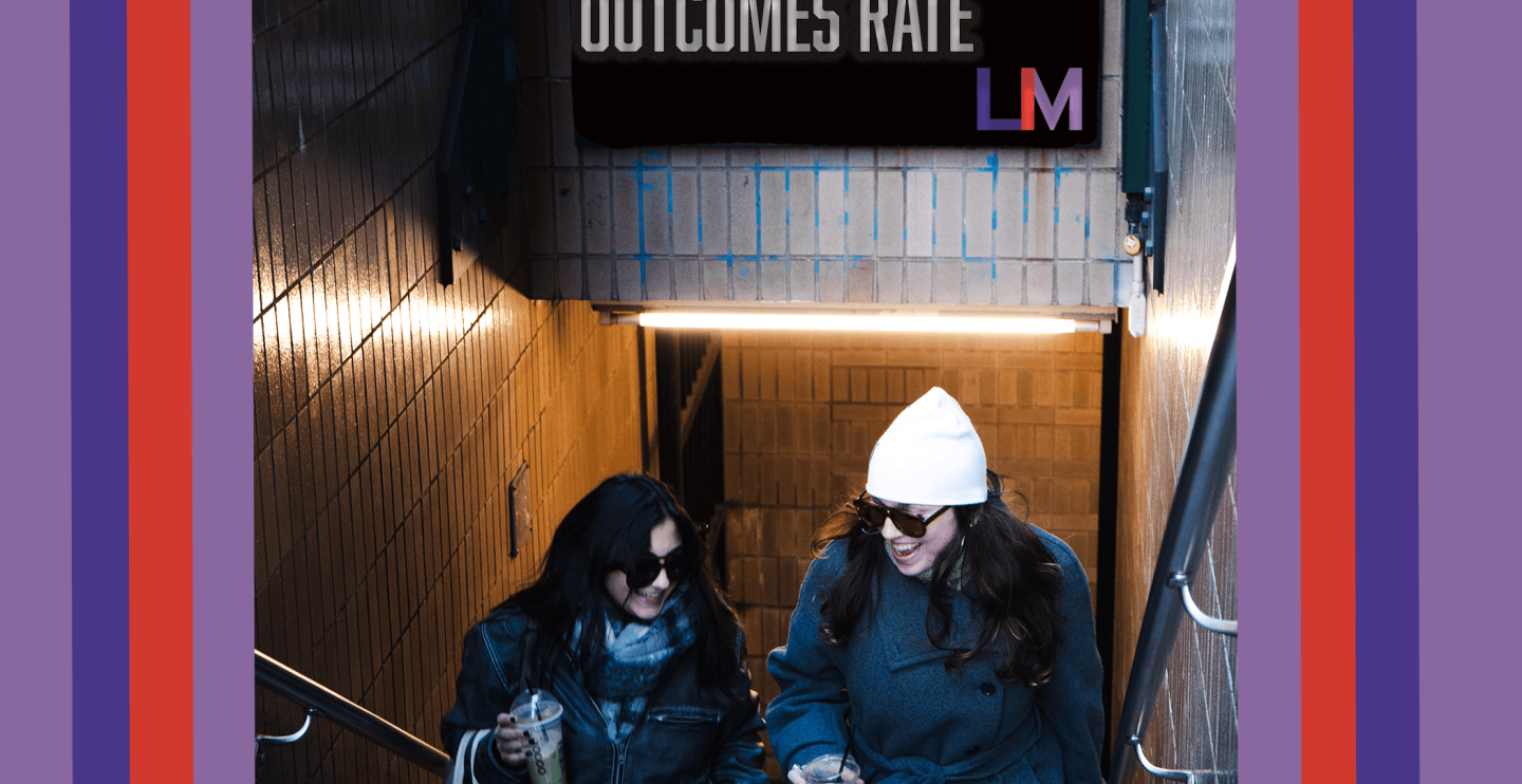 two young women in sunglasses and winter attire ascend New York City subway steps. "96 percent career outcomes rate" sign in view.