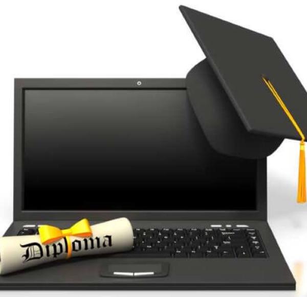 A graphic of a laptop wearing a graduation cap and a diploma on the keyboard