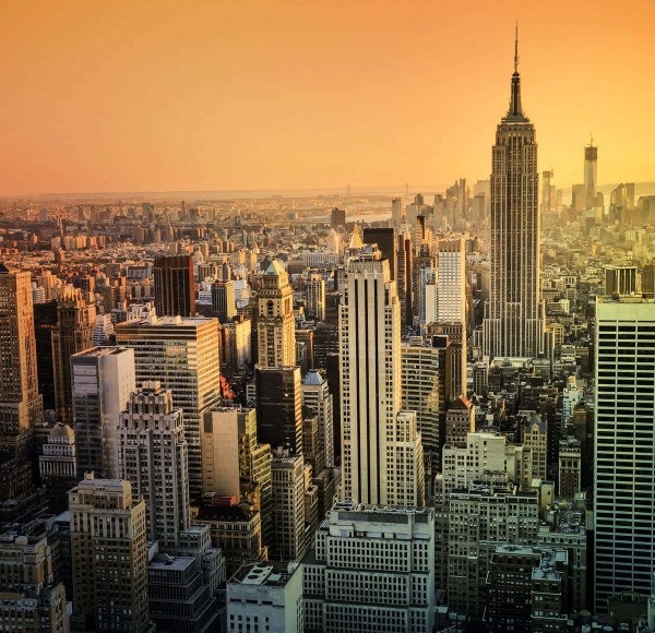 A view of the New York City skyline, with a prominent view of the Empire State Building