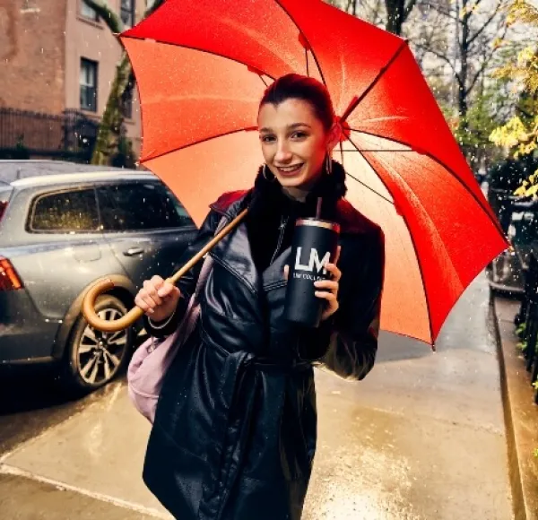 young woman, red umbrella, LIM thermos, Brooklyn Heights