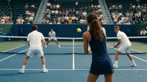 tennis players on court, three men / one woman, men in whites, woman in purple