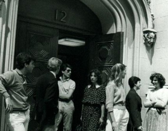 black and white photos of students gathered outside a building in NYC
