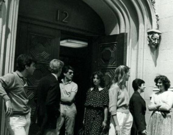 black and white photos of students gathered outside a building in NYC 