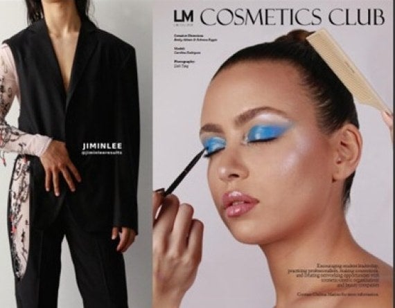 Cosmetics Club ad on a magazine page, model with eyes closed, mascara being applied