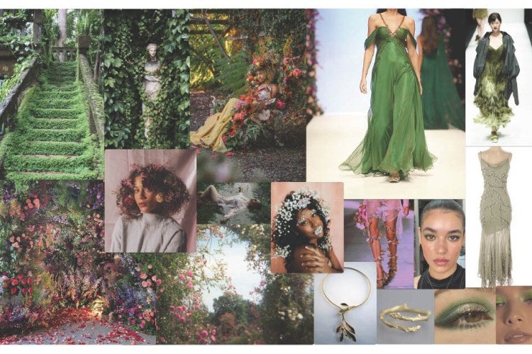A mood board featuring greenery and floral landscapes, garments, makeup, and accessories