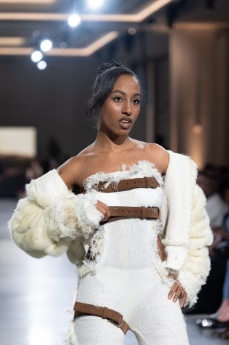 Fashion model on the runway at LIM College's 2026 Fashion Show