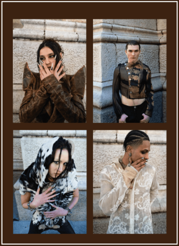 four-photo panel, student magazine spread, models against stone wall