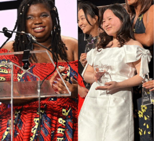 Camille, Fatmata, LIM students, April 2024 Awards, standing at recipient's podium